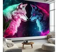 Papier Peint Panoramique Fantaisie Deux Loups Ciel Étoilé Poster Geant Mural 300x210 cm, pour Salon Chambre Chambre D'enfants Restaurant Décoration Murale, Violet Foncé
