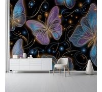 Papier Peint Panoramique Fantaisie Lignes Noir Ciel Étoilé Violet Papillon Papier Peint Photo Mural Intissé, Poster Pour Salon Chambre Tête de Lit Chambre & Couloir, 350 x 256 cm