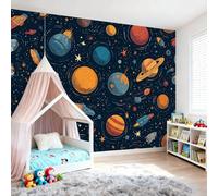 Papier Peint Panoramique Fantaisie - Revêtement Mural Décoration Salon - Bleu Foncé Dessin Animé Planète Fusée - Papier Peint Murale Poster Photo Pour Chambre Enfant Chambre, 350 x 256 cm