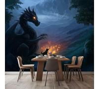 Papier Peint Panoramique Fantastique Dragon Chemin forestier Intissé Tapisserie Poster Mural Noir gris foncé Décoration Murale 250 x 175 cm pour Fresque Murale 3D HD pour Salon Chambre Cuisine