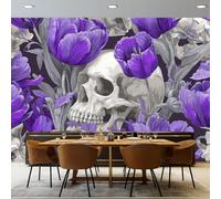 Papier Peint Panoramique Fantastique Gothique Crânes Tulipes, 250 x 175 cm Papier Peint Intissé Mural, Poster Geant Mural 3D - Violet Gris pour Salon Chambre D'enfants Personnalisé Décoration Murale