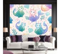 Papier Peint Panoramique Fantastique Queue de sirène Coquillages Chats Intissé Tapisserie Poster Mural Coloré Décoration Murale 300 x 210 cm pour Fresque Murale 3D HD pour Salon Chambre Cuisine