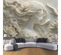 Papier Peint Panoramique Femme Élégante Lotus Poster Intissé Geant Mural 3D 350× 256cm Photo Mural Soulagement Koi Wallpaper pour Chambre Salon Personnalisé XXL Décoration Murale Blanc