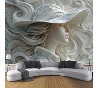 Papier Peint Panoramique Femme Portant Un Chapeau Mural 100×70cm 3D Papier Peint Intisse En Relief Ondulé Rayé Murale Chambre Coucher Salon Décoration Blanc Photo Poster Geant Murale