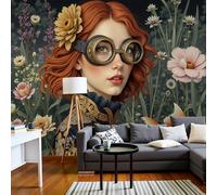 Papier Peint Panoramique Femme Rousse Portant Lunettes Protection Poster Geant Mural Fantaisie Rétro Papier Peint Soie Vert Foncé Fresque Murale pour Salon Canapé TV Fond Décoration Murale, 450x315cm