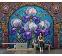 Papier Peint Panoramique Fenêtre Cintrée À Motif Floral Vintage Iris Baroque, 3D Papier Peint Format Xxl Murale Pour Salon Décoration Murale Chambre Enfant Bleu Foncé 300 X 210 Cm Tableaux Poster