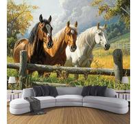 Papier Peint Panoramique Ferme Clôture Chevaux 150×105cm - Décoration Murale Animaux Mignons, Murales Papier Peint Intissé pour Chambre Salon, Poster Tableaux Photo Muraux