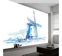Papier Peint Panoramique Ferme Moulin à Vent Bleu Rayures, Papier Peint Intissé Minimalisme pour Chambre Salon Salle à Manger Murale 300L x 210H cm - Fond d'écran Photo Moderne Art Mural Salle de Jeux