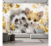 Papier Peint Panoramique Feuilles D'Automne Du Hérisson Et Du Renard, Papier Peint Animaux Mignons À L'Aquarelle, Fresque Murale Soie Décoration Murale Pour Salon Chambre Salle Des Enfants 300x210cm