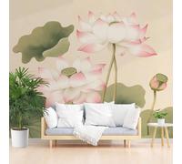 Papier Peint Panoramique Feuilles de Lotus Oriental Toison Mur 400x280cm(L x H) Moderne Papier Peint Intissé pour Chambre Salon Bureau Personnalisé Décoration Murale Fleurs Plantes Vintage