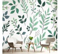 Papier Peint Panoramique Feuilles Dessinées À La Main 300x210cm - XXL Tableaux Muraux Plantes Mignonnes Revêtement Mural Décoration Murale pour Chambre Salle de Bain Couloir, Vert