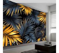 Papier Peint Panoramique Feuilles Palmier Tropiques 3D 400 x 280 CM - Papier Peint Intissé - Tapisserie Murale Tableaux Muraux Pour Chambre Salon Chambre D'Enfant Décoration Murale - Noir et or