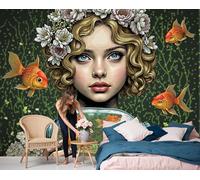 Papier Peint Panoramique Fille Cheveux Bouclés Dans Un Aquarium 400x280cm - Papier Peint Soie Rétro Américain - Poster Geant Mural 3D - Décoration Murale pour Salon Chambre d'enfants restaurant,