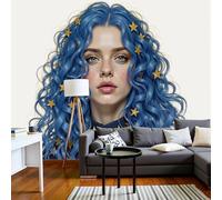 Papier Peint Panoramique Fille Cheveux Bouclés Forme D'Étoile 450x315cm - Papier Peint Soie Mode Moderne - Poster Geant Mural 3D - Décoration Murale pour Salon Chambre d'enfants restaurant, Bleu Royal