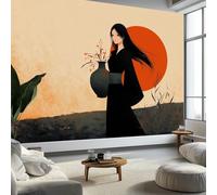 Papier Peint Panoramique Fille Chinoise Rétro Coucher Soleil Vase 250 x 175 cm Photo Décoration Murale, Papier Peint Mural Pour Salon Adulte Chambre d'enfants Fond Tv - Beige Mural