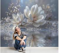 Papier Peint Panoramique Fleur De Magnolia Dentelle, Papier Peint Élégance Et Romantisme À La Française 350x256cm, Fresque Murale Soie Décoration Murale Pour Salon Chambre à Coucher Maison, Gris