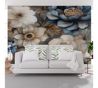 Papier Peint Panoramique Fleur de Pivoine Vintage Bleu Poster Geant Mural, Fleurs Plantes Naturel Papier Peint Intissé Mural pour Salon Canapé TV Fond Décoration Murale 250x175cm(L x H)