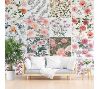 Papier Peint Panoramique Fleur de Rose de Plante Vintage Papier Peint Intissé Poster Mural Grille Géométrique Rectangulaire Poster Geant Mural pour Salon Chambre Décoration Murale 365x254cm(L x H)