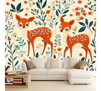 Papier Peint Panoramique Fleurs Animaux Cerf Sika 300x210 cm Papier Peint Poster Mural 3D, Tapisserie Photo Peinture Murale Intissé Fresque pour Salon Chambre Toile Fond TV