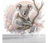Papier Peint Panoramique Fleurs Branches Koala Papier Peint Poster, Animaux À L'Aquarelle Muraux Photo, Rose Poudré Revêtement Murales Pour Chambres de garçon et de fille Décor Mural 200x140cm