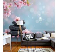 Papier Peint Panoramique Fleurs Cerisier En 3D Rochers, Poster Geant Mural Personnalisé 3D, Paysage Spa Naturel Pour Salon Chambre D'Enfant Décoration Murale, Ciel Bleu Moderne Murales, 300X210Cm