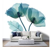 Papier Peint Panoramique Fleurs Coquelicots Décoration Murale 300x210cm | Pétales Sarcelle Minimal Tapisserie Murales Papier Peint Intissé pour Chambre Salon Décor Fond TV, Poster Photo Muraux
