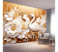 Papier Peint Panoramique Fleurs Cygne - 350 x 256 cm Poster Geant Murales 3D Décoration pour Salon Chambre Étude, 3D Thème Papier Peint intissé Mural