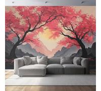 Papier Peint Panoramique Fleurs De Cerisier Et Motifs De Montagne, 400 x 280 cm Style Aquarelle Chinoise Papier Peint Intissé Photo Murale pour Salon Chambre d'enfants Décoration Murale, Noir Rouge