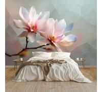 Papier Peint Panoramique Fleurs De Magnolia Motifs Géométriques Poster Geant Mural 250x175 cm, pour Salon Chambre Chambre D'enfants Restaurant Décoration Murale, Gris Clair