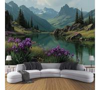 Papier Peint Panoramique Fleurs D'Iris Dans Les Lacs Alpins Poster Geant Mural Paysage Naturel Papier Peint Soie Vert Foncé Fresque Murale pour Salon Canapé TV Fond Décoration Murale, 300x210cm
