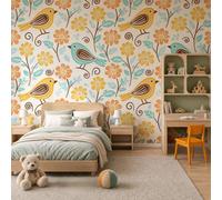 Papier Peint Panoramique Fleurs Et Oiseaux Dessin Animé Rural Jaune | 200X140Cm, Fresque Murale Intissé Plantes Et Animaux Mignons, Papier Peint Pour Salon Chambre D'Enfants Décoration Murale