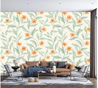 Papier Peint Panoramique Fleurs Feuilles Vertes Plantes À L'Aquarelle Orange-Vert 300X210Cm Poster Géant Mural 3D,Décoration Murale Premium,Pour Salon,Chambre Adulte,Chambre D'Enfants & Bureau