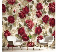 Papier Peint Panoramique Fleurs Rétro Romantiques 450x315cm - Tapisserie Panoramique Roses De Bourgogne Poster Geant Mural 3D Revêtement Mural Décoration pour Salon Chambre restaurant, Rouge