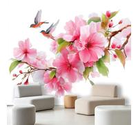 Papier Peint Panoramique Fleurs Romantiques - Fresque Murale Intissée Idéal pour Salon Chambre à Coucher & Chambre d'Enfant, Branche Pêcher Hirondelle Décoration Murale Intérieure 350 x 256 cm