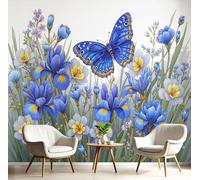 Papier Peint Panoramique Fleurs Sauvages À L'Aquarelle 250x175cm - Tapisserie Panoramique Narcisse Et Iris Poster Geant Mural 3D Revêtement Mural Décoration pour Salon Chambre restaurant, Bleu