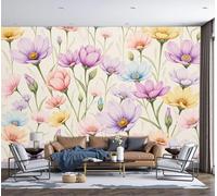 Papier Peint Panoramique Fleurs Sauvages À L'Aquarelle Plantes Romantiques 300X210Cm (L X H) Papier Peint Mural, Poster Geant Mural 3D, Beige Violet Décoration Murale Pour Salon Chambre D'Enfants