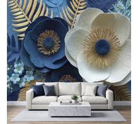 Papier Peint Panoramique Fleurs Sculpture 3D Décoration Murale 450x315cm | Pétales Blanc Bleu Marine Tapisserie Murales Papier Peint Intissé pour Chambre Salon Décor Fond TV, Poster Photo Muraux