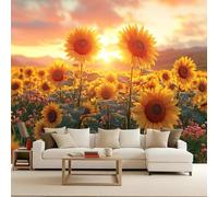 Papier Peint Panoramique Floral, Décoration Murale Coucher De Soleil Sur Un Champ De Tournesols, Illusion Optique 3D Fresque Murale Art Mural Décoratif Moderne Salon Chambre Enfant Facile À Installer