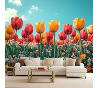 Papier Peint Panoramique Floral, Décoration Murale Tulipes Rouges Et Jaune Orangé, Illusion Optique 3D Fresque Murale Art Mural Décoratif Moderne Salon Chambre Enfant Facile À Installer 200X140cm