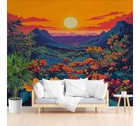 Papier Peint Panoramique Flore de Montagne au Coucher du Soleil Toison Mur 150x105cm(L x H) Papier Peint Intissé pour Chambre Salon Bureau Personnalisé Décoration Murale Paysage Orange Naturel