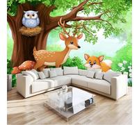 Papier Peint Panoramique Forêt Animaux, Tapisserie Poster Dessin Animé Fleurs Herbe Cerf 300 X 210 Cm Poster Geant Mural Impression Pour Salon - Moderne Décoration Murale Vert Pour Enfant Adolescents