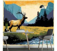 Papier peint panoramique forêt bord de rivière cerf, photo mural moderne 400L x 280H cm - Papier peint décoration de maison style peinture à l'huile pour salon, chambre, chambre des enfants, bureau