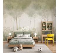 Papier Peint Panoramique Forêt Brumeuse Naturelle Arbres À L'Aquarelle, Paysage, 3D Papier Peint Format Xxl Murale Pour Salon Décoration Murale Chambre Enfant Vert Sauge 300 X 210 Cm Tableaux Poster