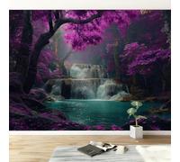 Papier Peint Panoramique Forêt Cascade Arbres Fleurs, Papier Peint Intissé Violet Tapisserie, Poster Photo Personnalisé Géant 200x140 cm pour Salon Chambre Chambre D'Enfant Décoration Murale