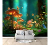 Papier Peint Panoramique Forêt Champignons Merveilles Papillons Illusion 200 x 140 cm - Vert Poster Géant Mural Intissé Effet 3D - Décoration Murale pour Salon, Chambre d'Enfant & Salle à Manger