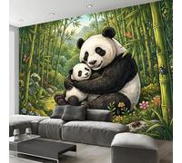 Papier Peint Panoramique Forêt De Bambous Pandas Enlacés Poster Mural, Animaux Guérisseurs De Dessin Animé Papier Peint Soie Décoration Pour Salon Chambre Restaurant Enfants, 200x140cm Vert Murale