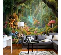Papier Peint Panoramique Forêt De Champignons Mignonne Vert 3D Mural Design, Tapisserie Photo Géante Pour Salon Décoration Murale Xxl Soie, Mural Fresque Plantes À Fleurs Fantastiques 450X315Cm
