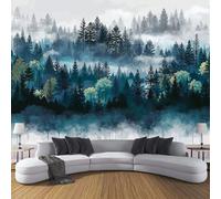 Papier Peint Panoramique Forêt De Pins 350x250cm - Papier Peint Soie Peinture Aquarelle De Forêt - Poster Geant Mural 3D - Décoration Murale pour Salon Chambre d'enfants restaurant, Bleu-Vert