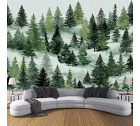 Papier Peint Panoramique Forêt De Pins Brumeuse Poster Geant Mural Peinture Aquarelle De Forêt Papier Peint Soie Vert Forêt Fresque Murale pour Salon Canapé TV Fond Décoration Murale, 400x280cm