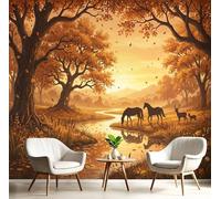Papier Peint Panoramique Forêt Des Animaux D'Automne Vue Du Coucher De Soleil, 3D Papier Peint Format Xxl Murale Pour Salon Décoration Murale Chambre Enfant Ambre 450 X 315 Cm Tableaux Poster